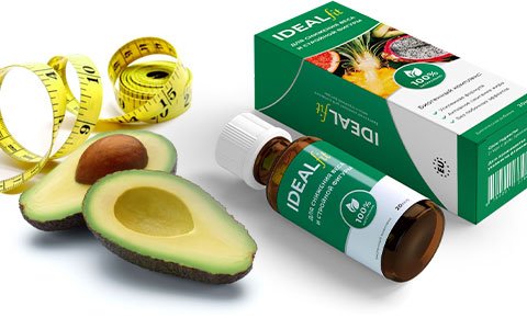 IdealFit Slim Drops mit Verpackung, Avocado und Maßband